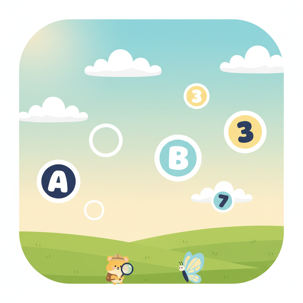 JoyJoy Helpers playground with soft sky, grass, floating letters, and friendly helpers