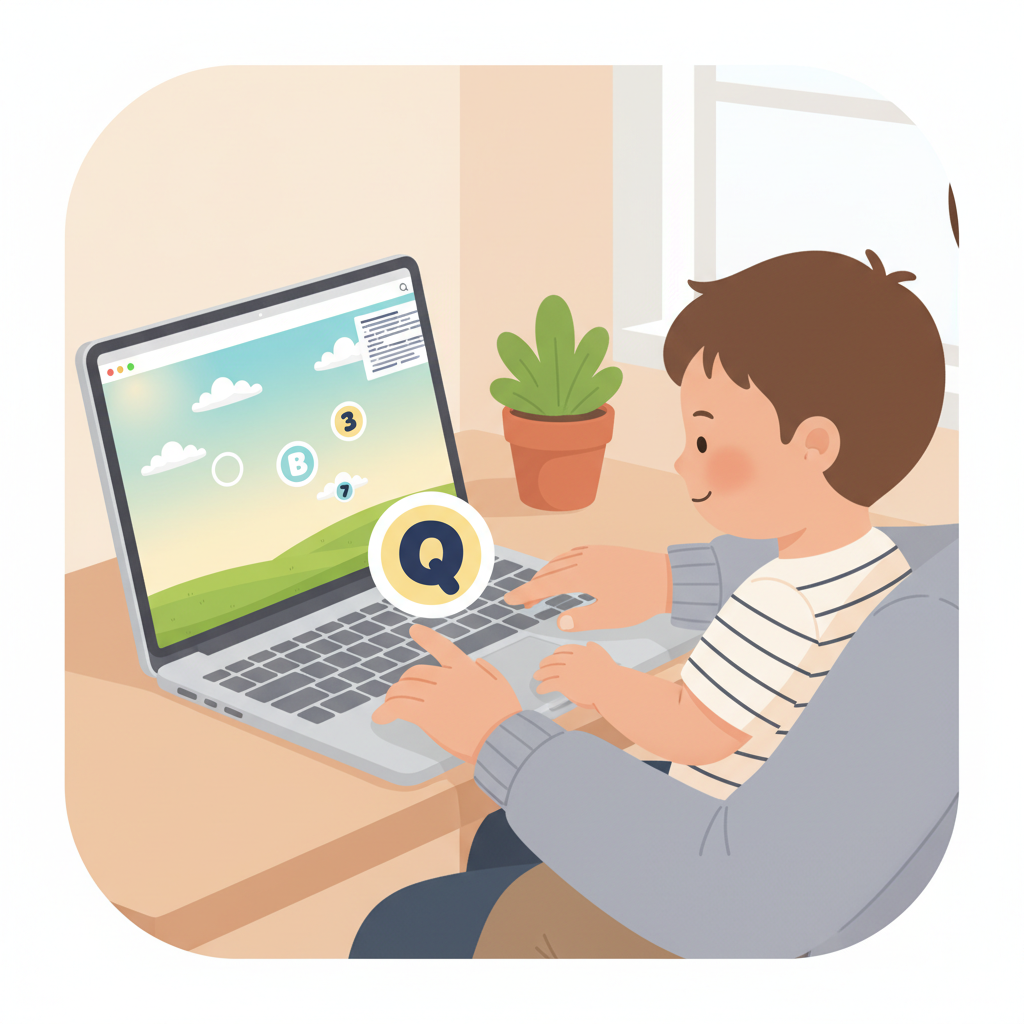 Caregiver and toddler sharing a laptop keyboard for calm desk-side co-play